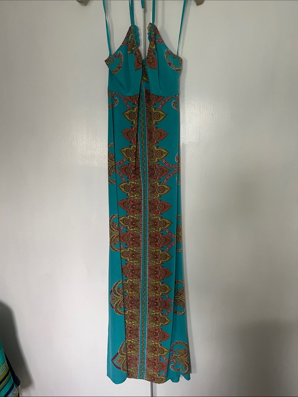 Turquoise Printed Maxi Dress with Spaghetti Straps